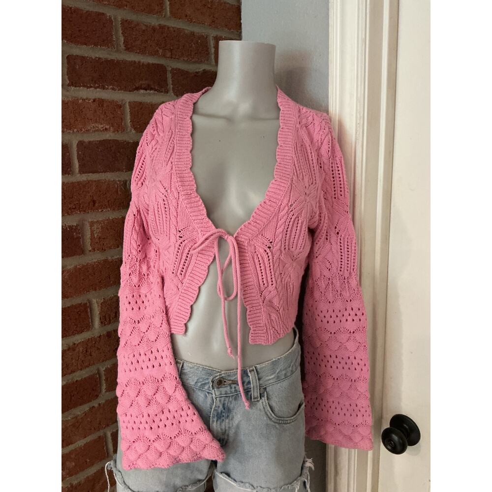 Cato Pink Tie Front Bell Sleeve Cardigan Cottagecore Fairycore Knit Shrug Small